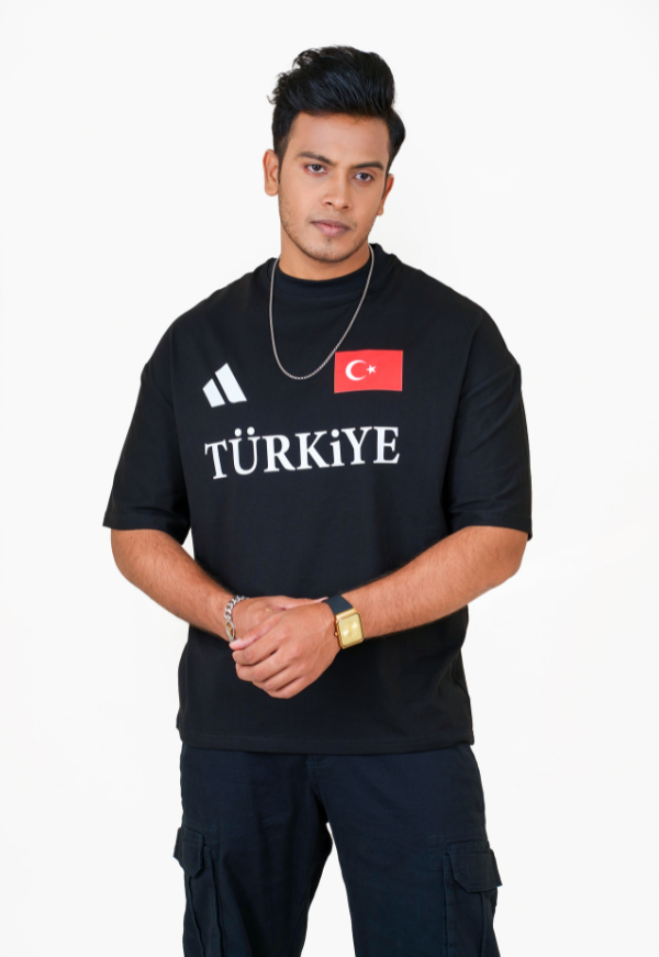 Drop Shoulder Print T-Shirt - Turkiye - Black