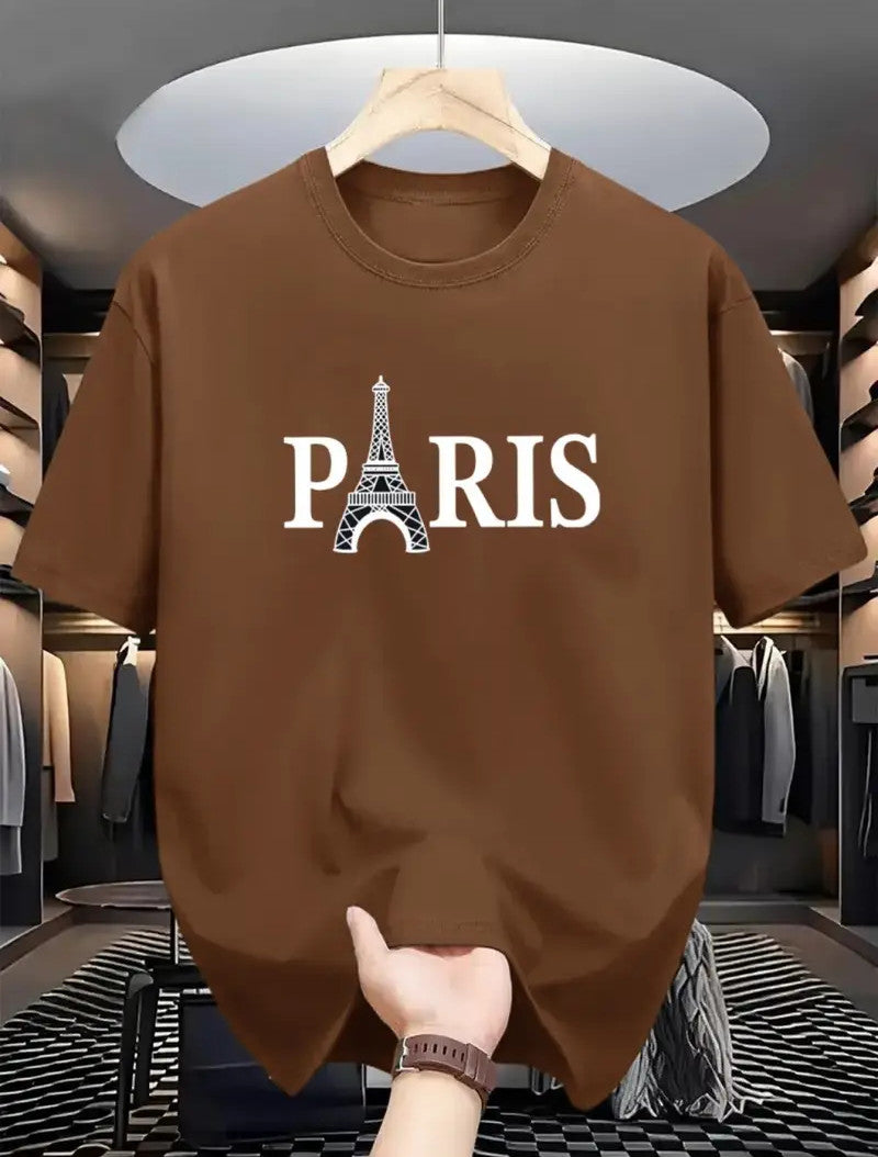 Drop Shoulder Print T-Shirt - Paris Eiffel Tower - Coffee