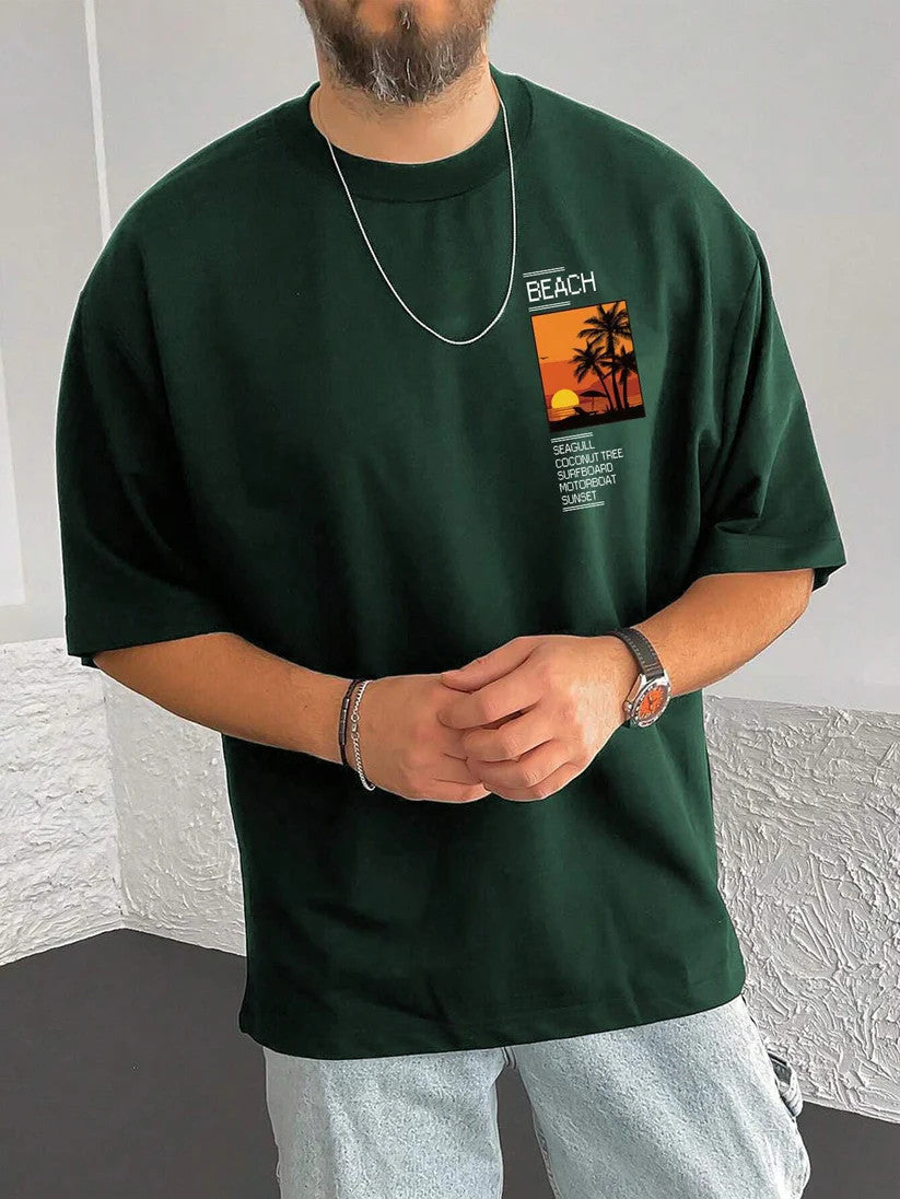 Drop Shoulder Print T-Shirt - Scenario Green