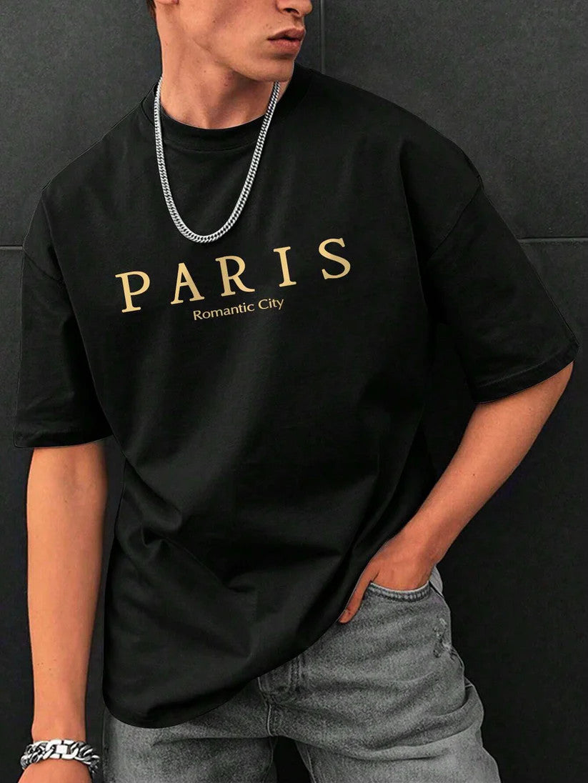 Drop Shoulder Print T-Shirt - Paris City Black