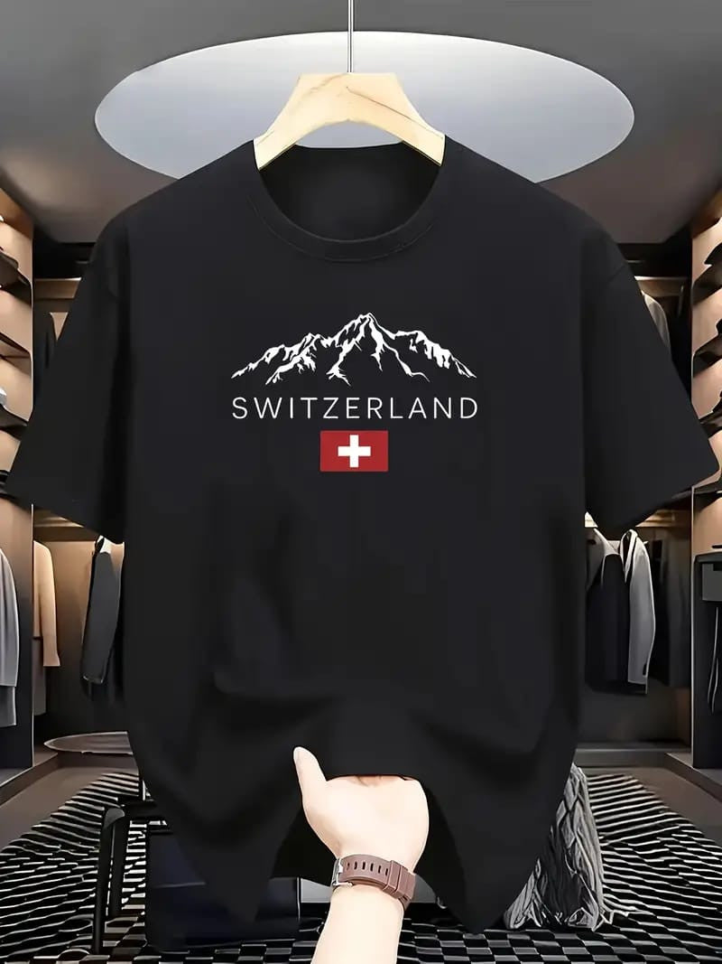 Drop Shoulder Print T-Shirt - Switzerland - Black