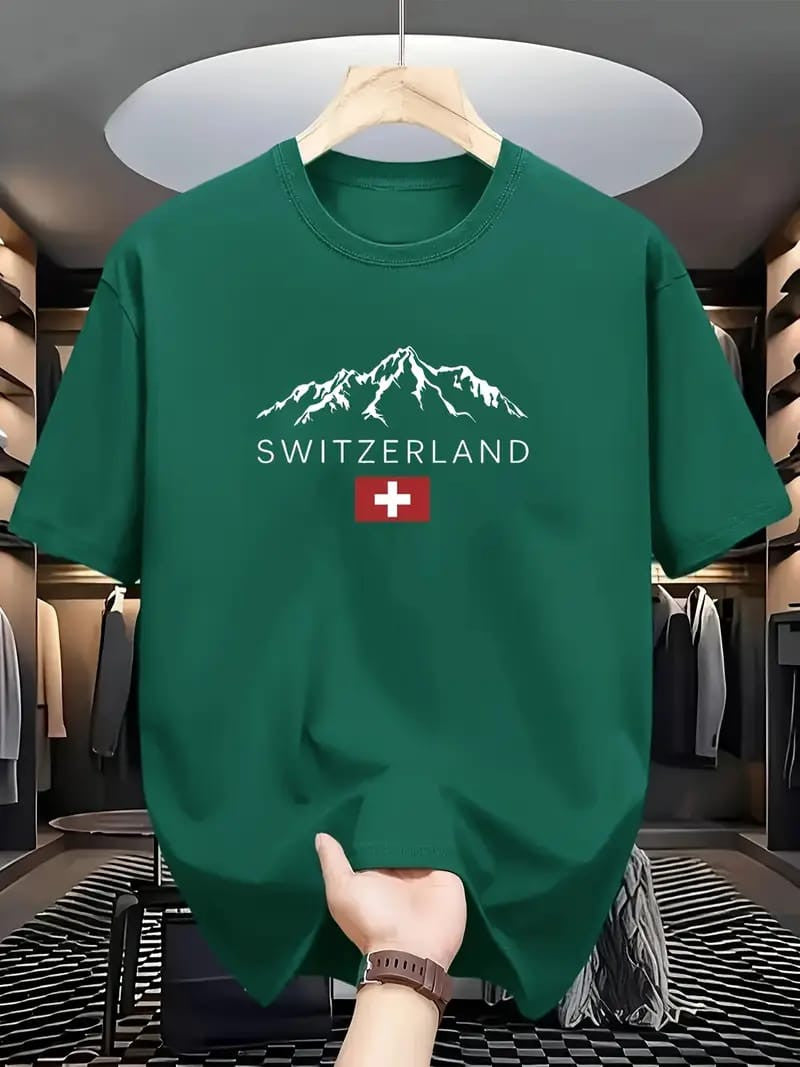 Drop Shoulder Print T-Shirt - Switzerland - Green
