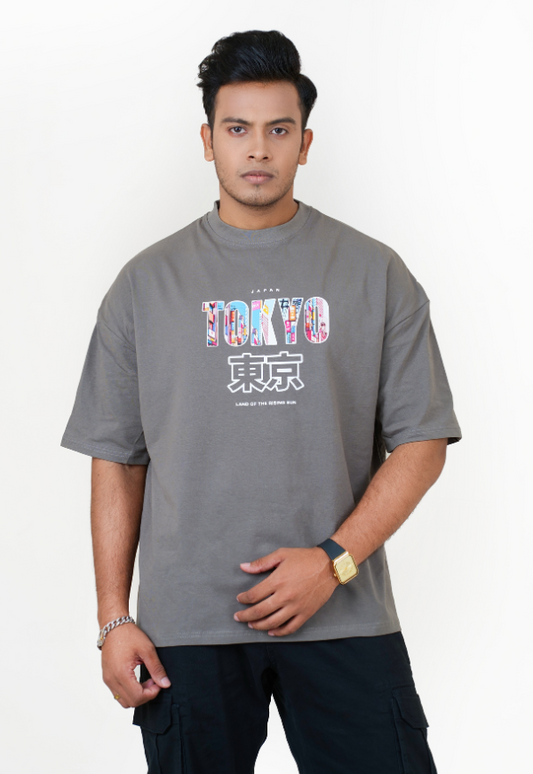 Drop Shoulder Print T-Shirt - Tokyo - Gray