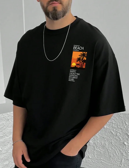 Drop Shoulder Print T-Shirt - Scenario Black