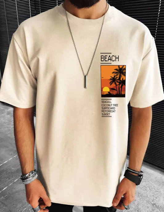 Drop Shoulder Print T-Shirt - Scenario Beige