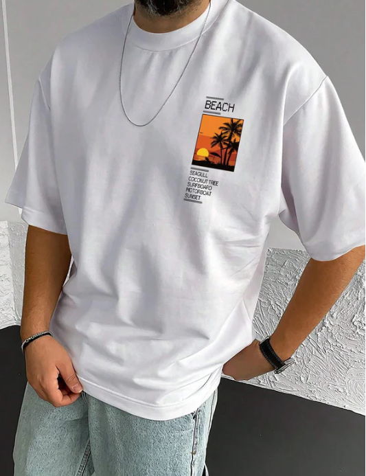 Drop Shoulder Print T-Shirt - Scenario White