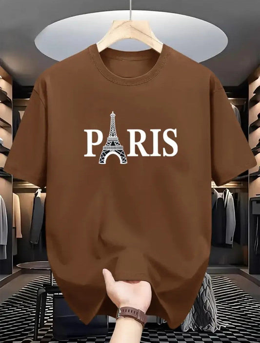 Drop Shoulder Print T-Shirt - Paris Eiffel Tower - Coffee