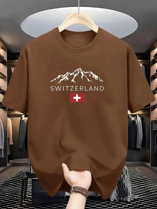 Drop Shoulder Print T-Shirt - Switzerland - Coffee