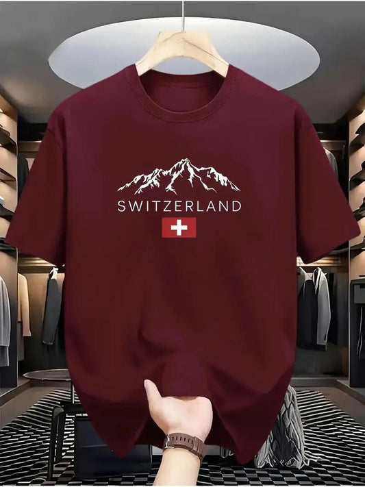 Drop Shoulder Print T-Shirt - Switzerland - Maroon