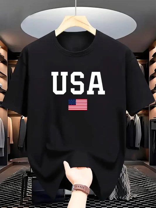 Drop Shoulder Print T-Shirt - USA - Black