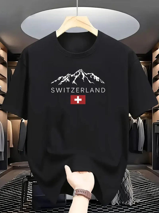 Drop Shoulder Print T-Shirt - Switzerland - Black
