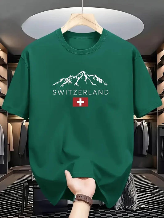 Drop Shoulder Print T-Shirt - Switzerland - Green