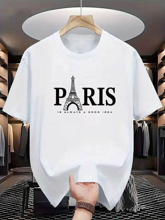 Drop Shoulder Print T-Shirt - Paris Eiffel Tower - White