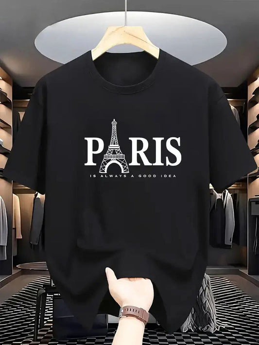 Drop Shoulder Print T-Shirt - Paris Eiffel Tower - Black