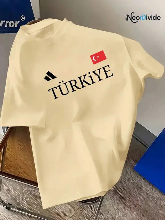 Drop Shoulder Print T-Shirt - Turkiye - Beige