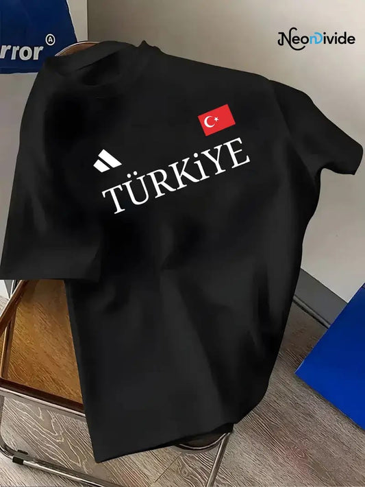 Drop Shoulder Print T-Shirt - Turkiye - Black